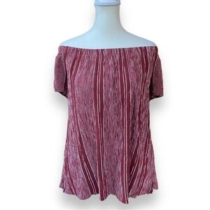 Bobeau Red With White Stripe Off Shoulder Short Sleeve Top Size Large